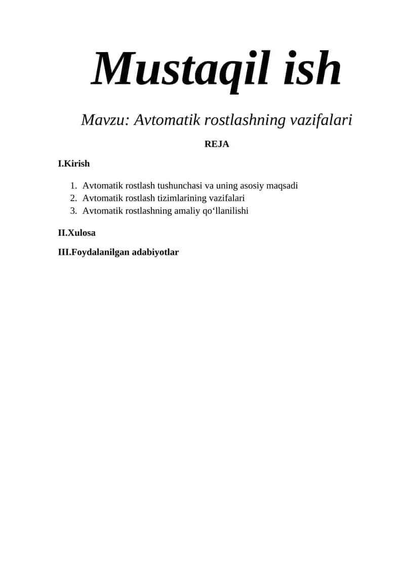 Avtomatik rostlashning vazifalari