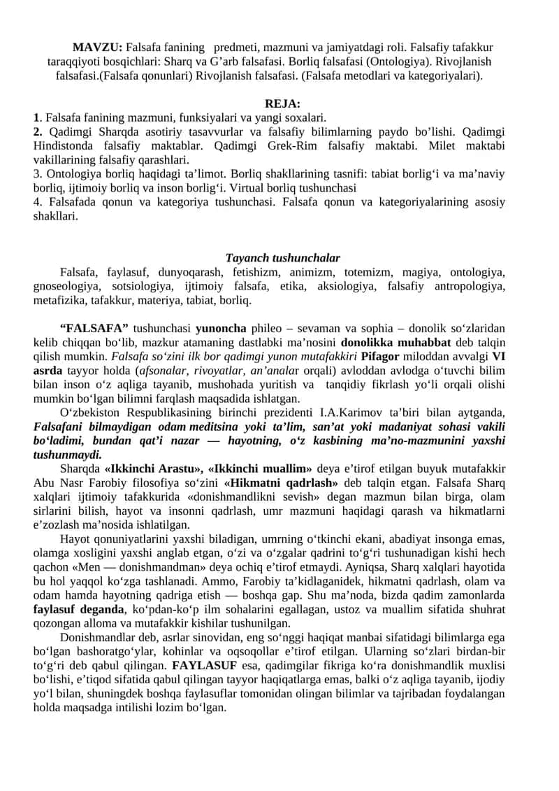 Falsafa Fanining Predmeti va Roli
