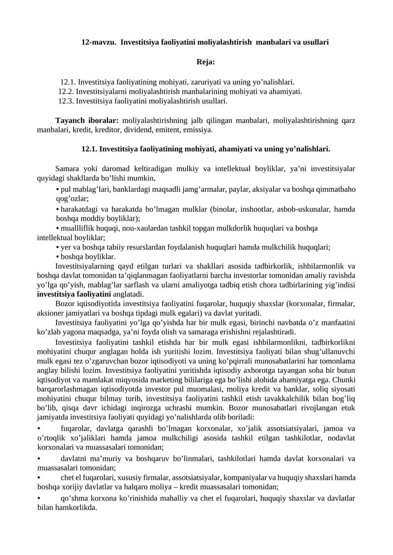 Investitsiya faoliyatini moliyalashtirish manbalari va usullari