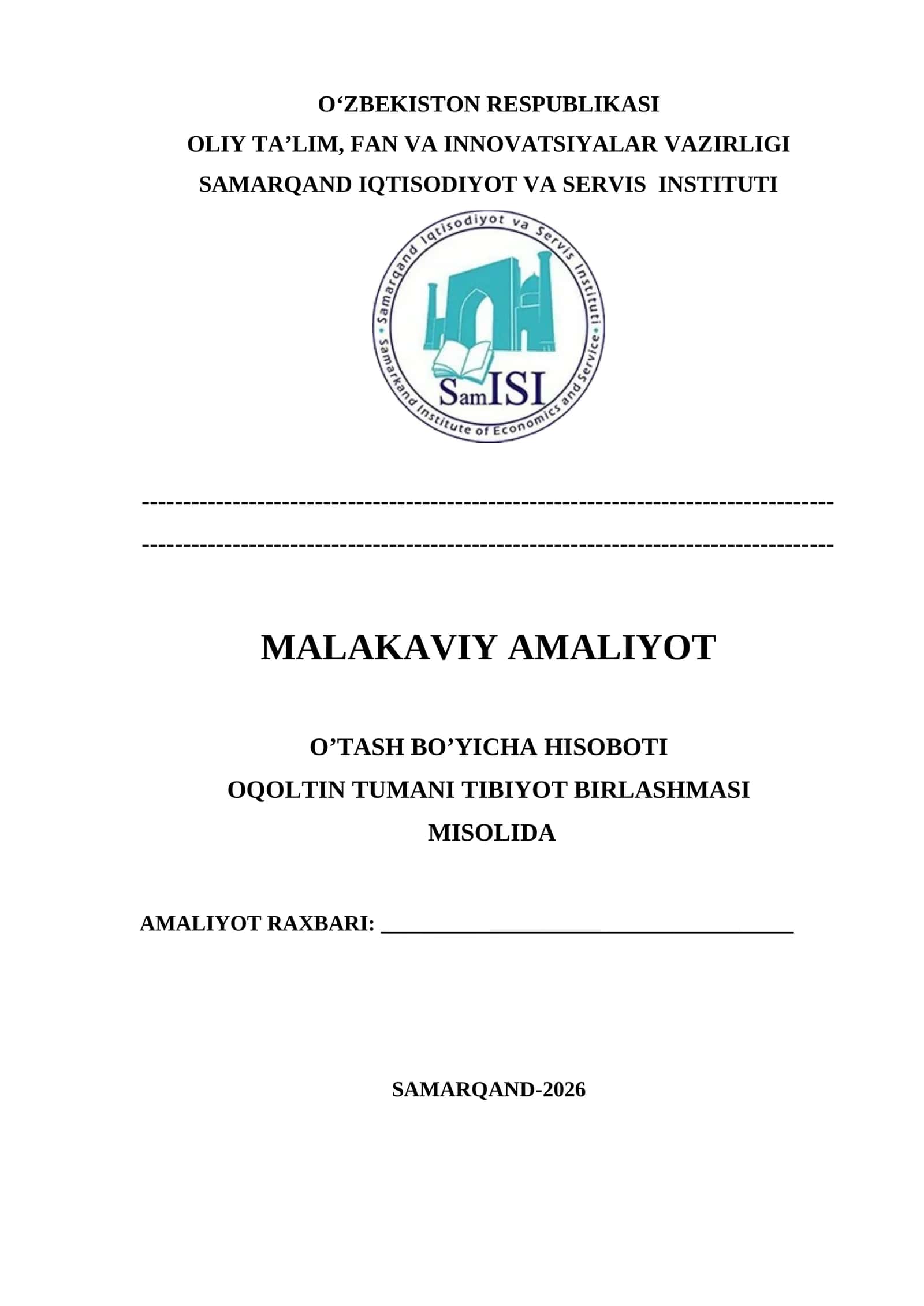 TIBIYOT BIRLASHMASI amaliyot hisoboti