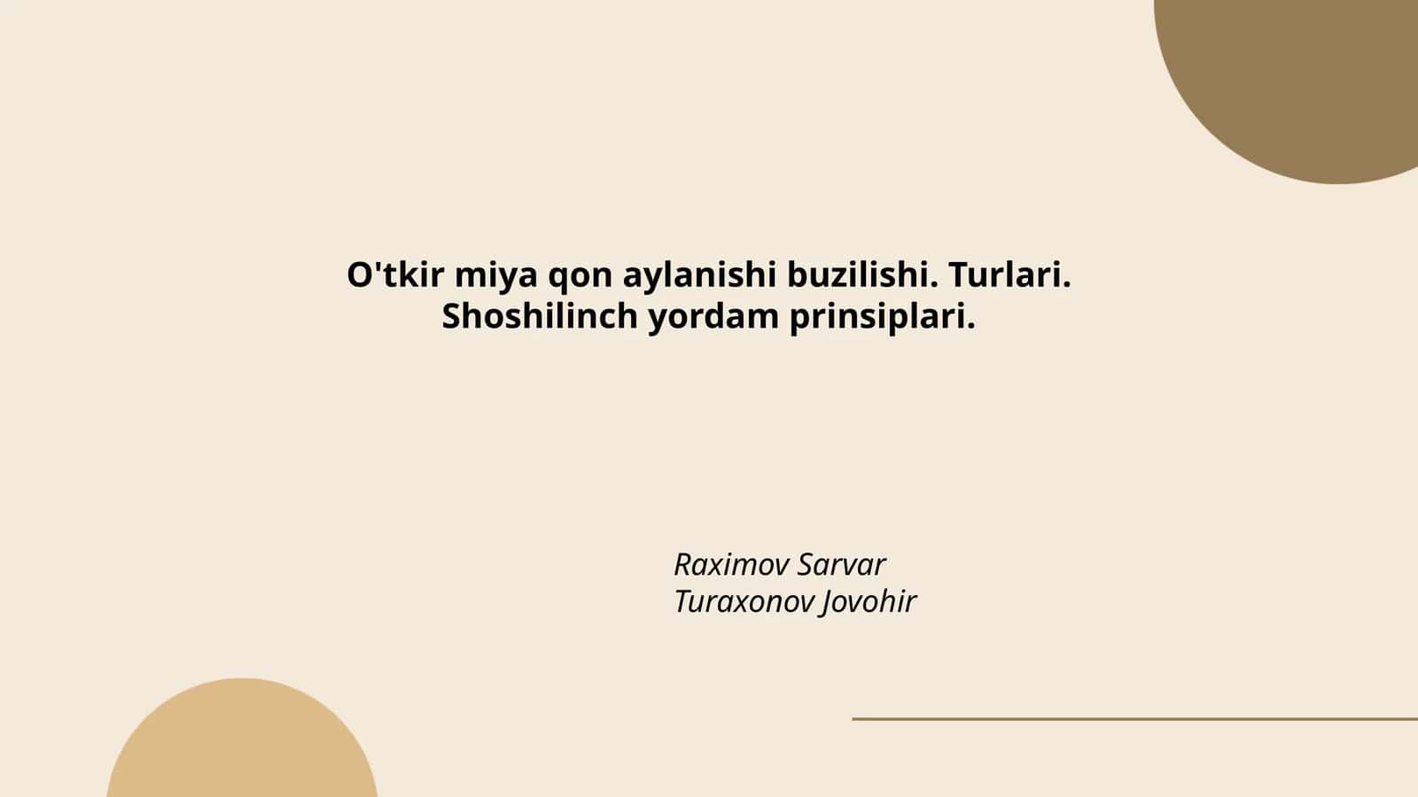 O'tkir miya qon aylanishi buzilishi. Turlari. Shoshilinch yordam prinsiplari