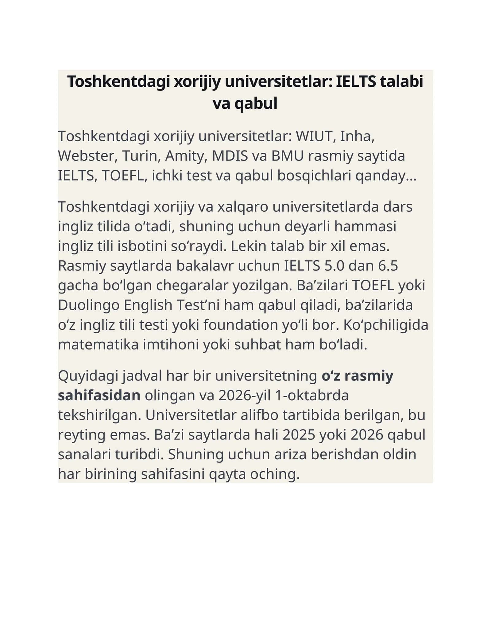 Toshkentdagi xorijiy universitetlar: IELTS talabi va qabul