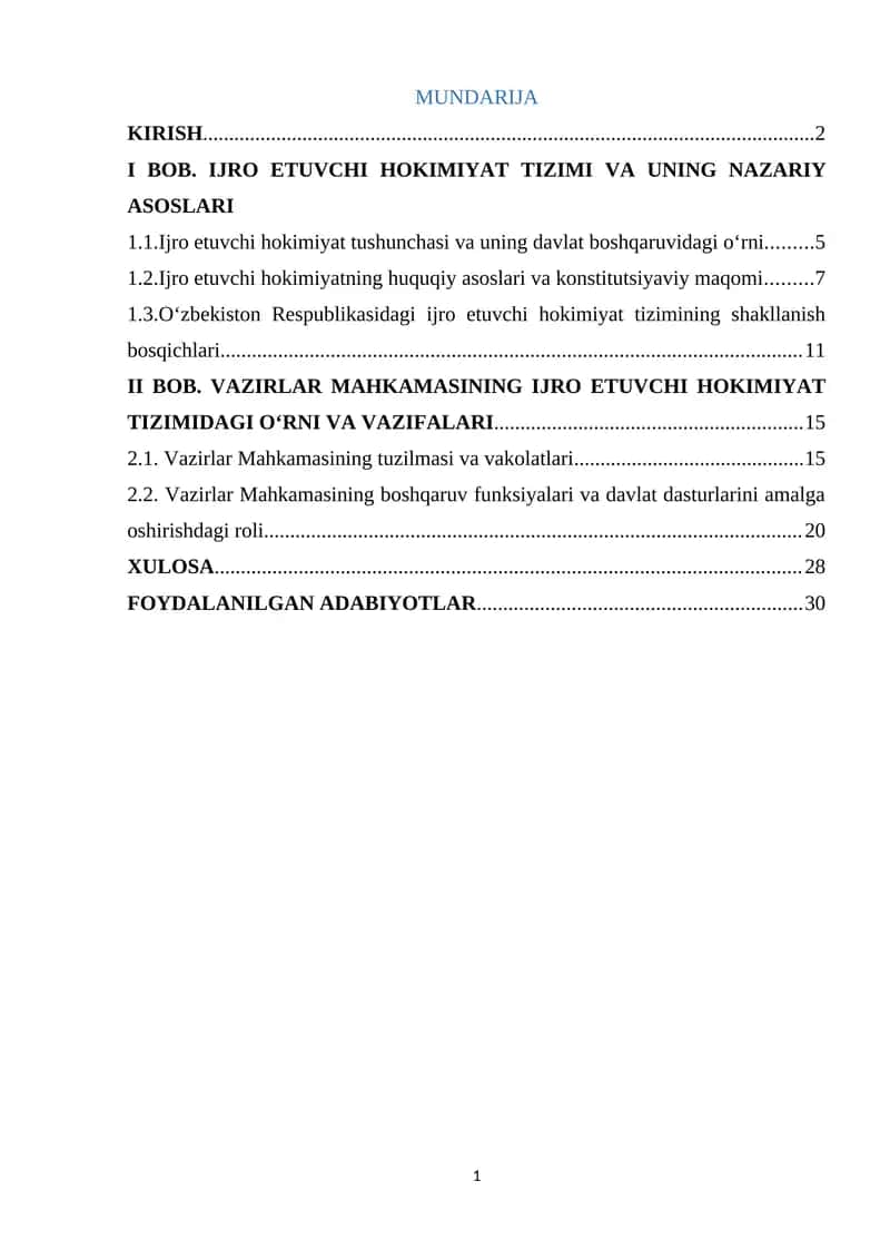 Vazirlar mahkamasining ijro etuvchi hokimyat tizimidagi roli