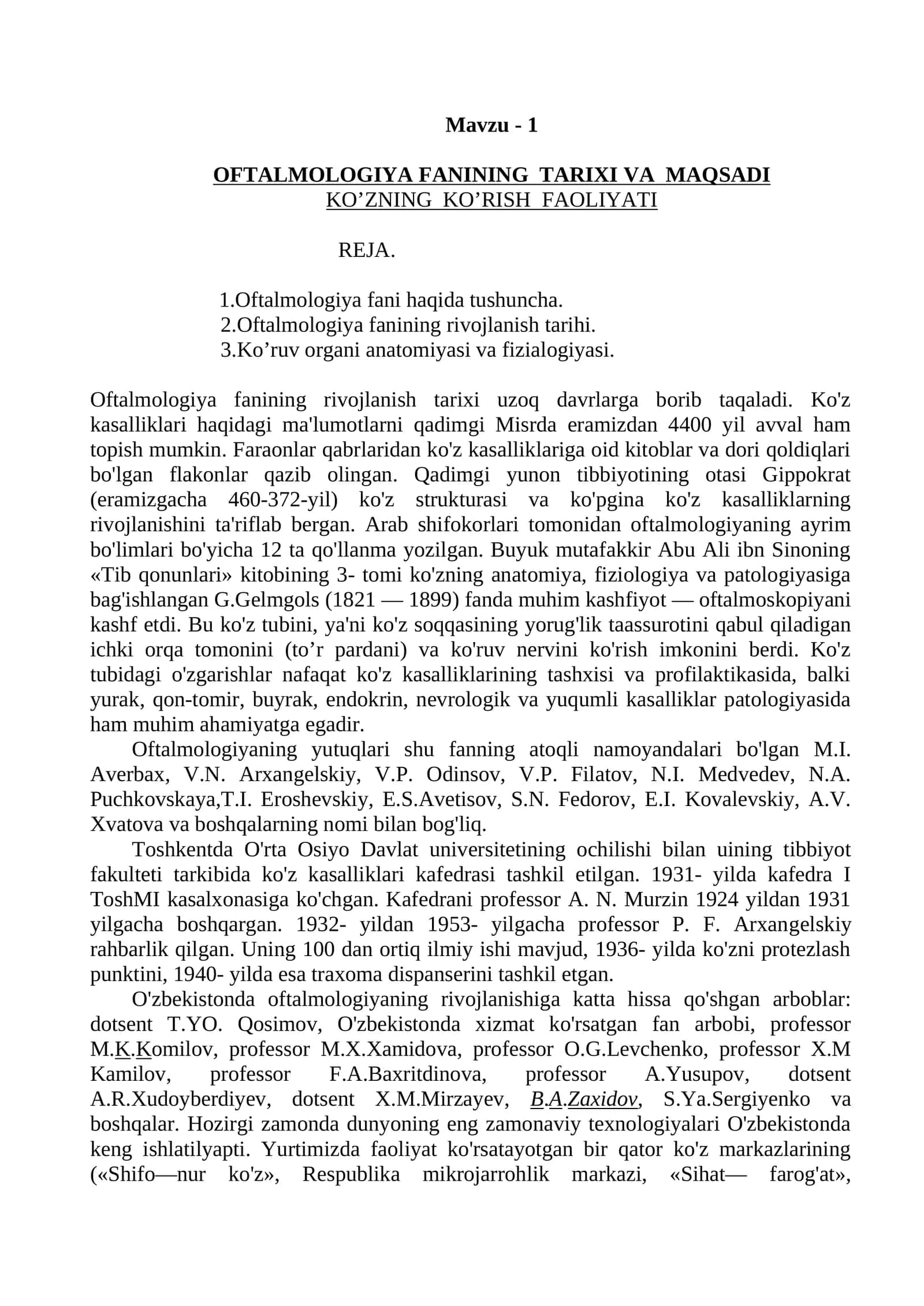 OFTALMOLOGIYA FANINING TARIXI VA MAQSADI