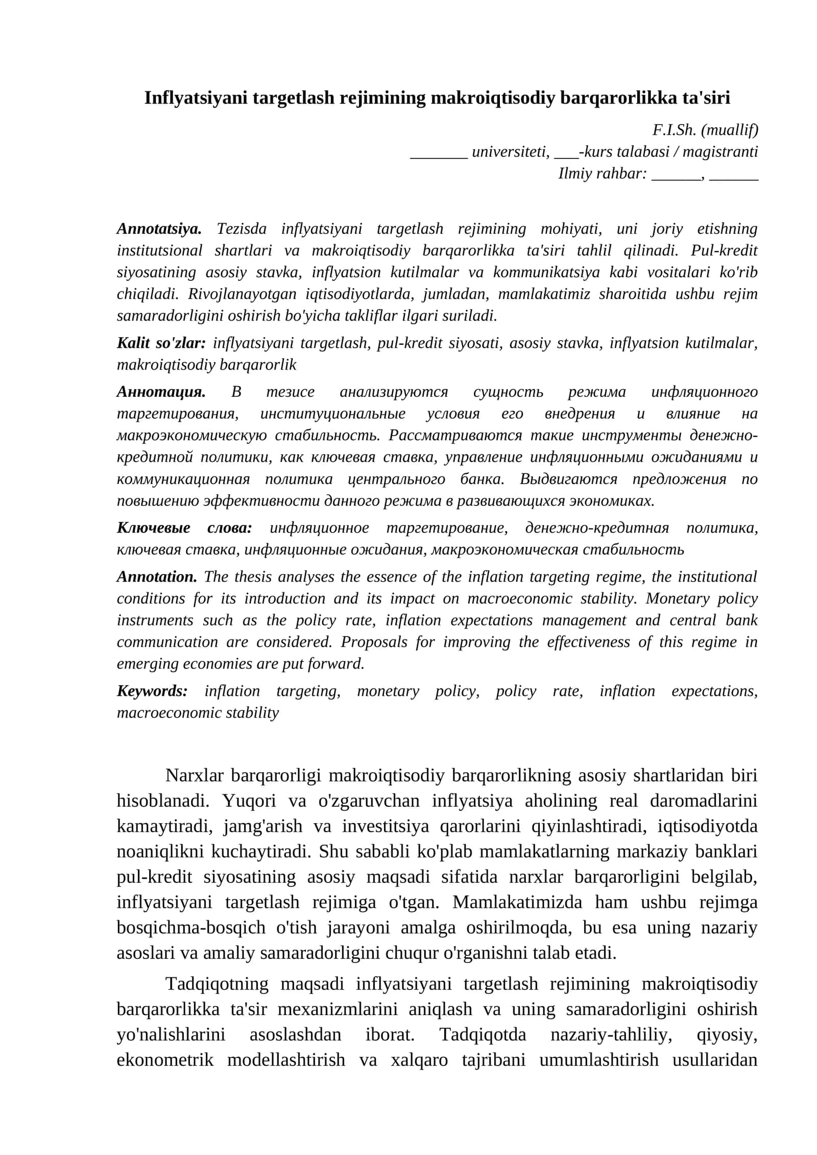 Na'muna tezis 16 Iqtisodiyot Inflyatsiyani targetlash rejimining makroiqtisodiy barqarorl namuna