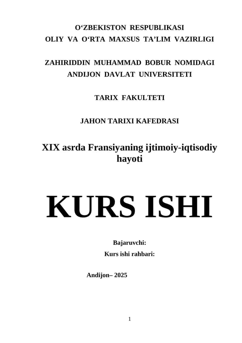 XIX asrda Fransiyaning ijtimoiy-iqtisodiy hayoti