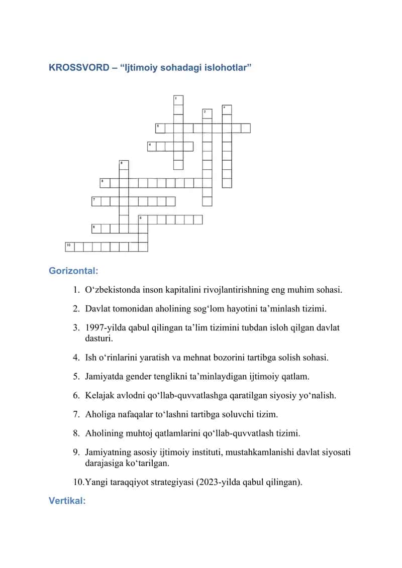 KROSSVORD – “Ijtimoiy sohadagi islohotlar”