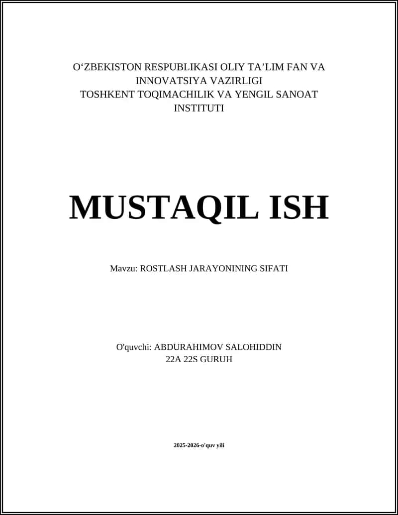 ROSTLASH JARAYONINING SIFATI