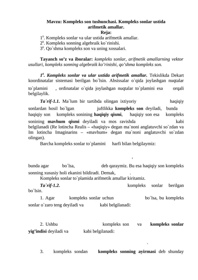 Kompleks sonlar va ular ustida arifmetik amallar