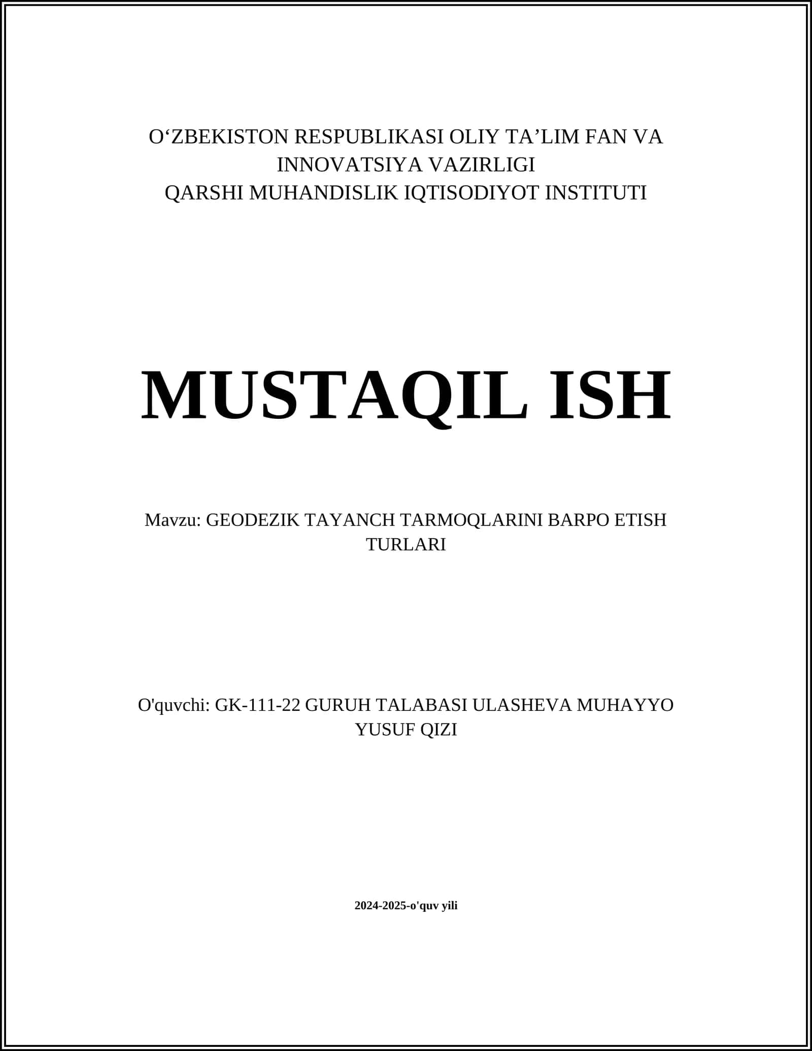 GEODEZIK TAYANCH TARMOQLARINI BARPO ETISH TURLARI