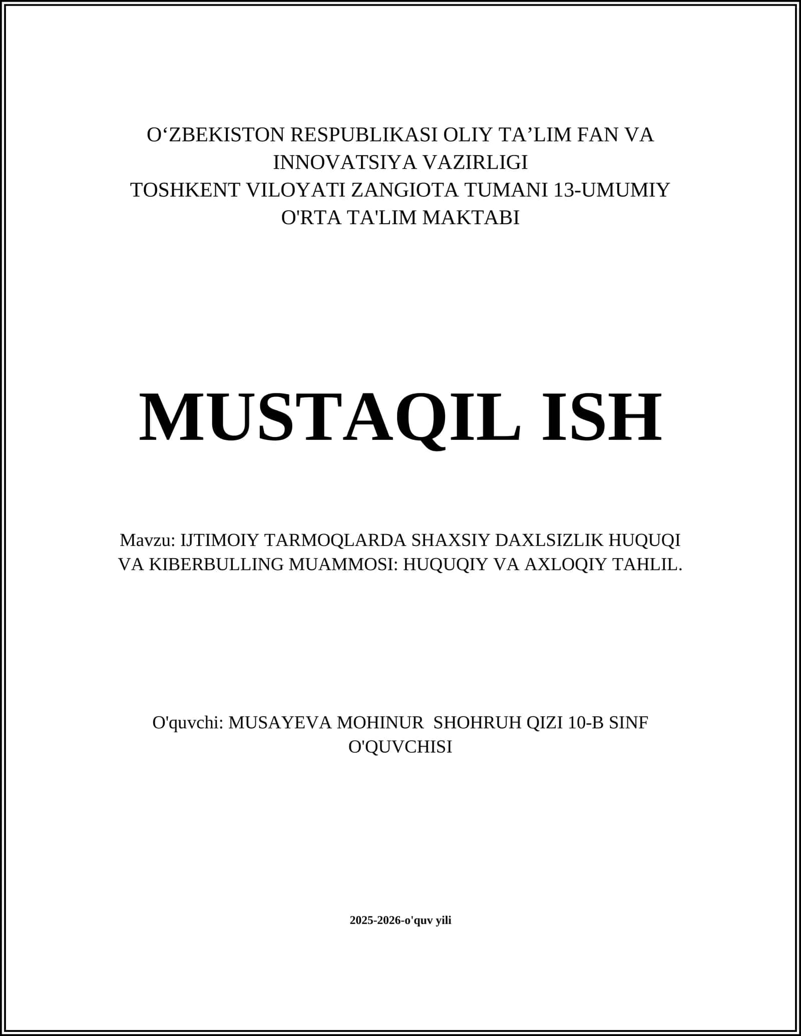 IJTIMOIY TARMOQLARDA SHAXSIY DAXLSIZLIK HUQUQI VA KIBERBULLING MUAMMOSI: HUQUQIY VA AXLOQIY TAHLIL