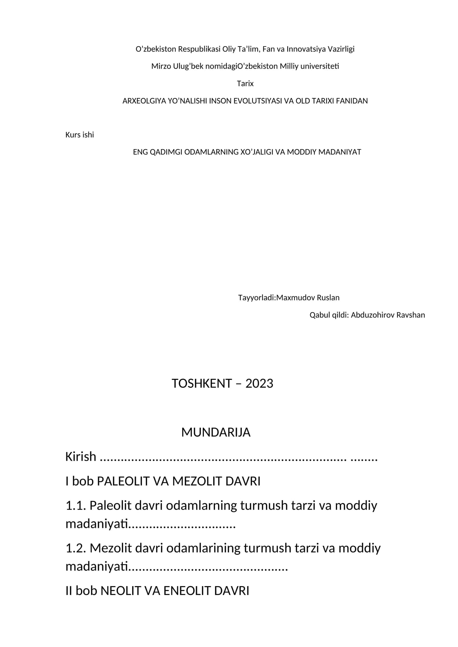 INSON EVOLUTSIYASI VA OLD TARIXI FANIDAN