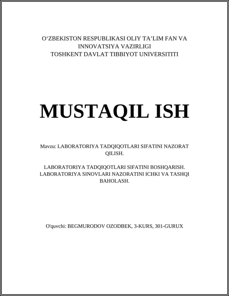 LABORATORIYA TADQIQOTLARI SIFATINI NAZORAT QILISH