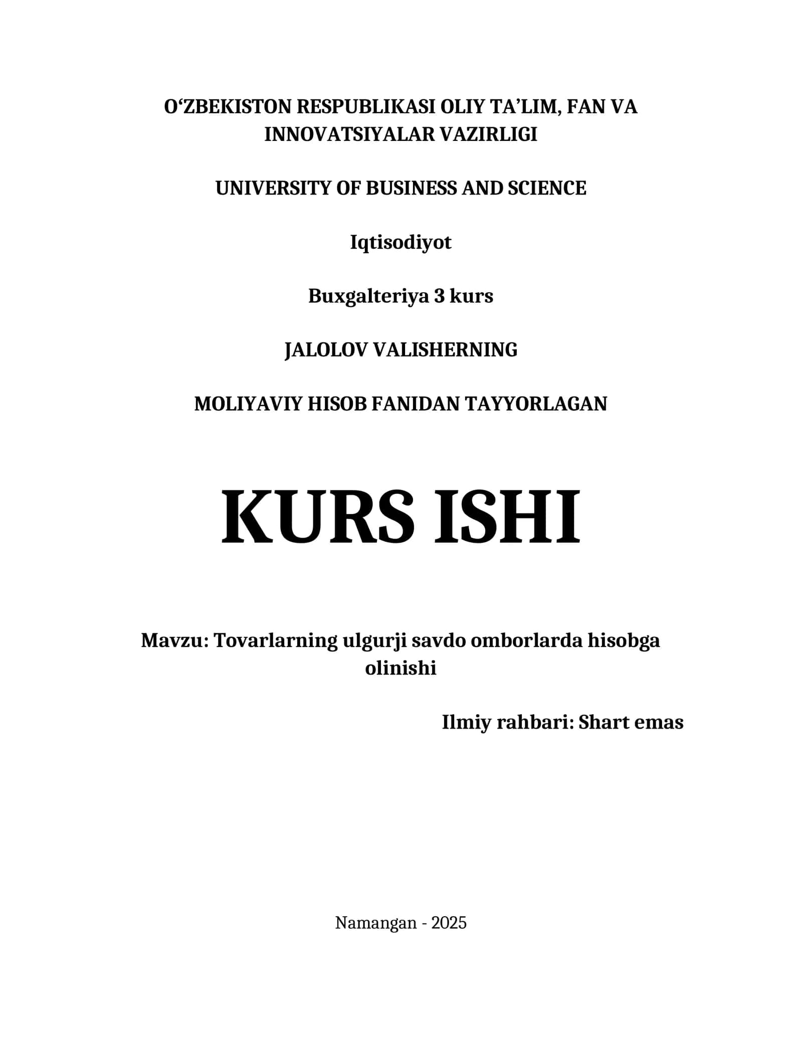 TOVARLARNING ULGURJI SAVDO OMBORLARDA HISOBGA OLINISHI