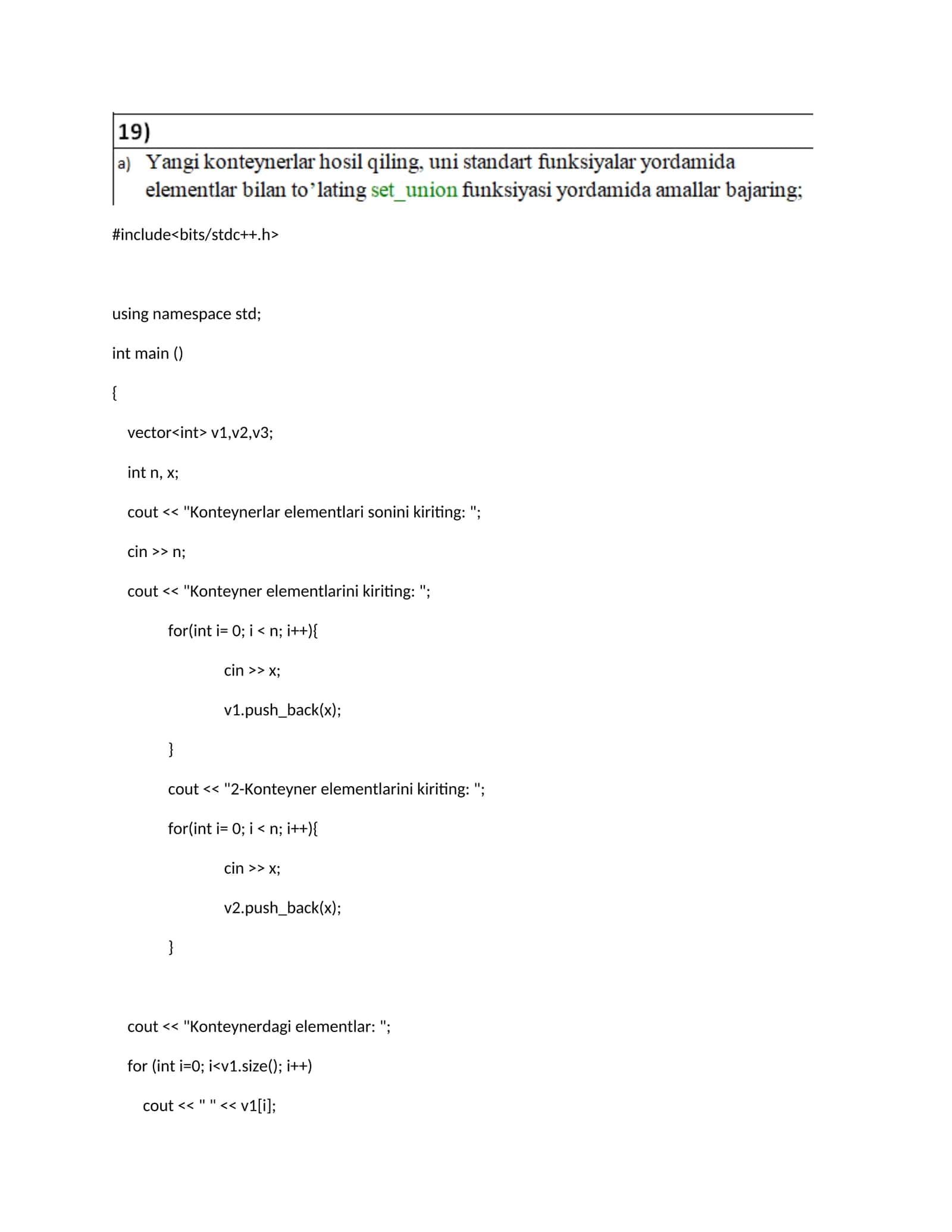 Konteynerlar elementlari sonini kiriting