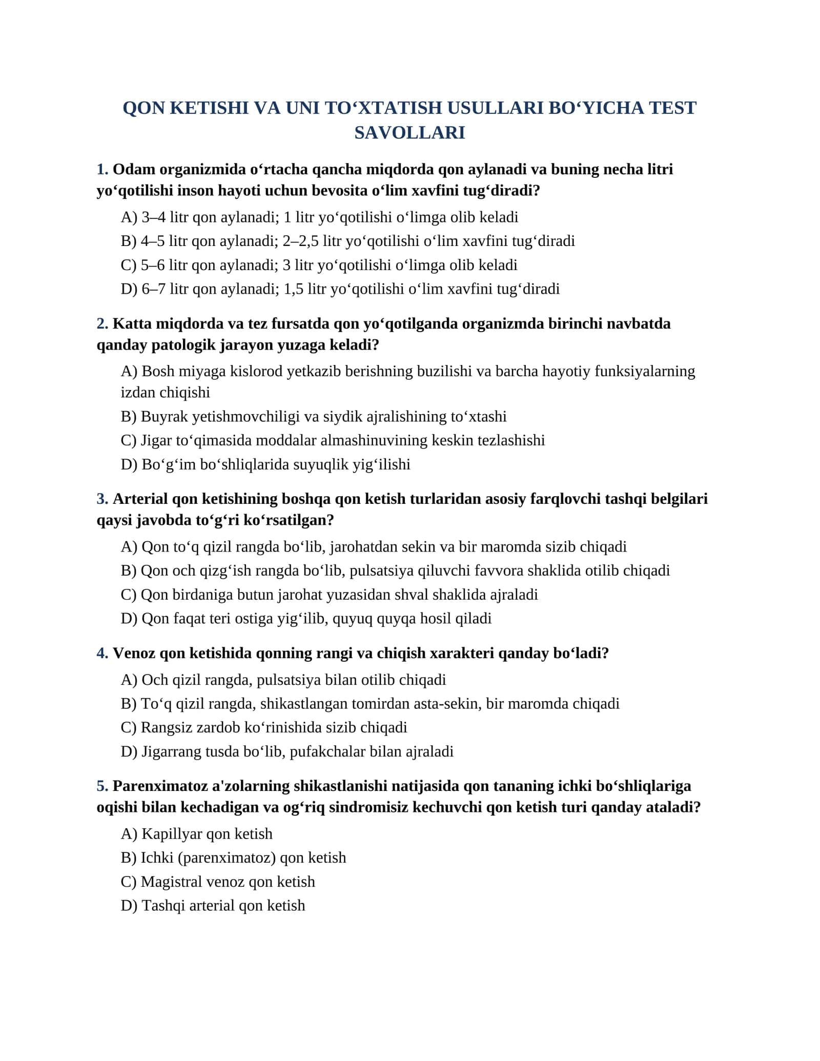 QON KETISHI VA UNI TO‘XTATISH USULLARI BO‘YICHA TEST SAVOLLARI