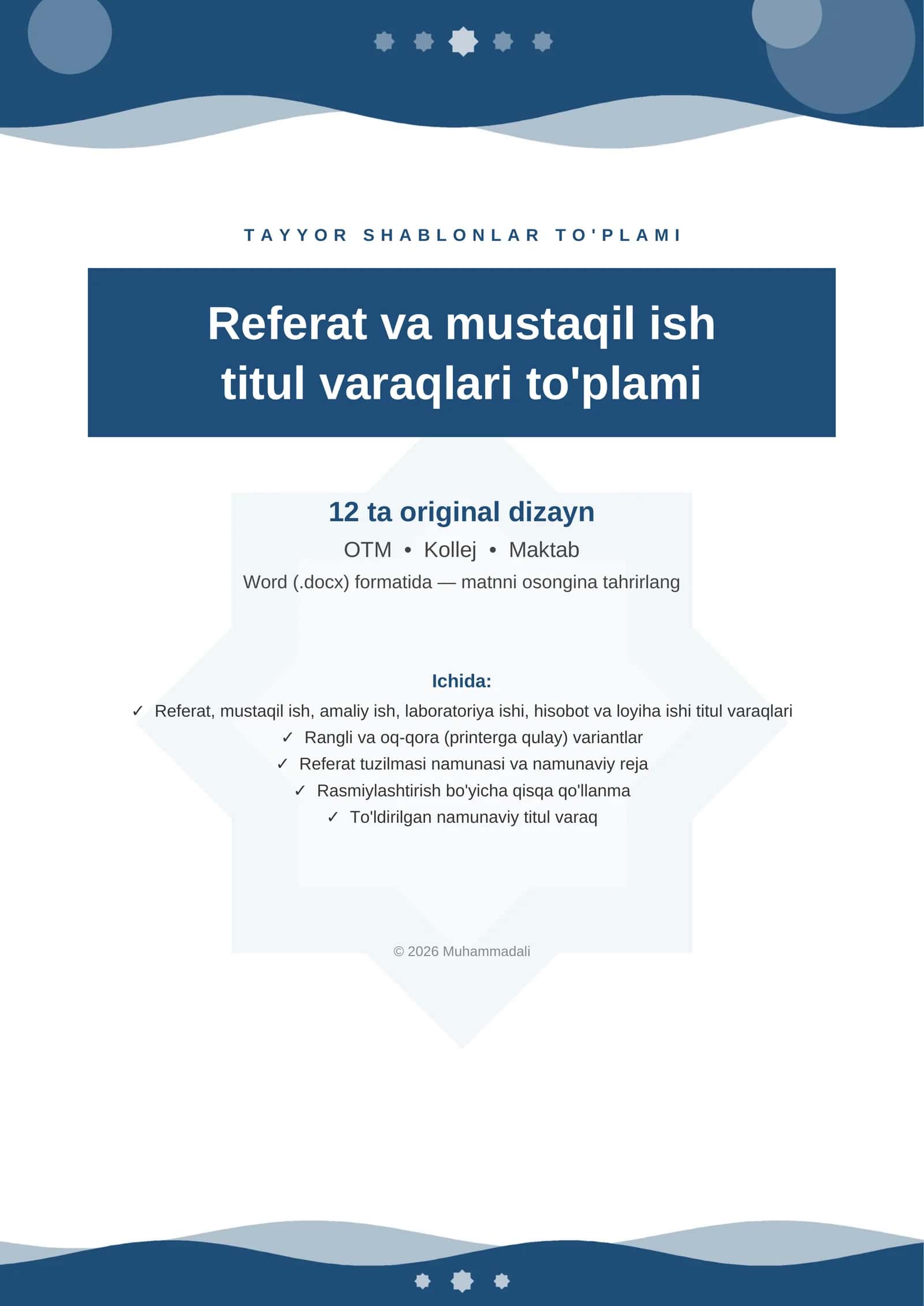 Referat va mustaqil ish titul varaqlari to'plami (12 ta, Word)