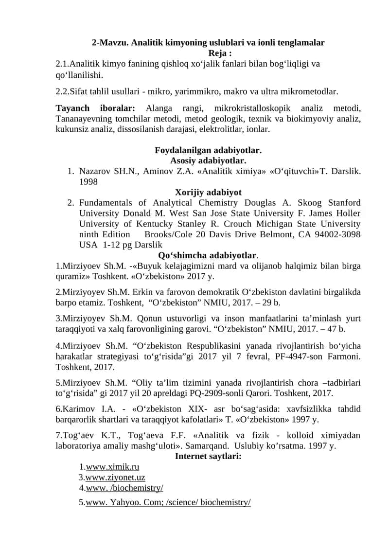 Analitik Kimyo Fanining Uslublari va Ionli Tenglamalar