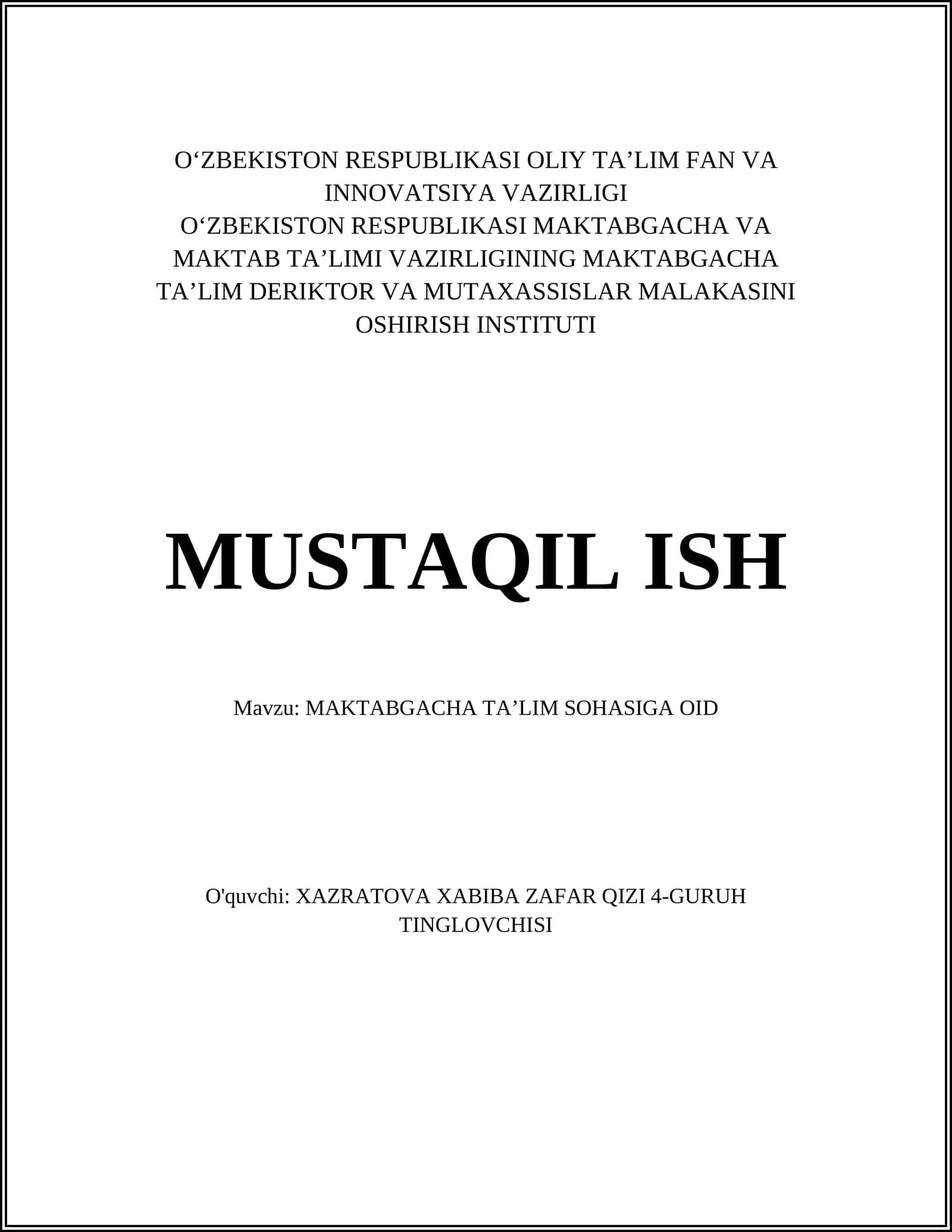 MAKTABGACHA TAʼLIM SOHASIGA OID