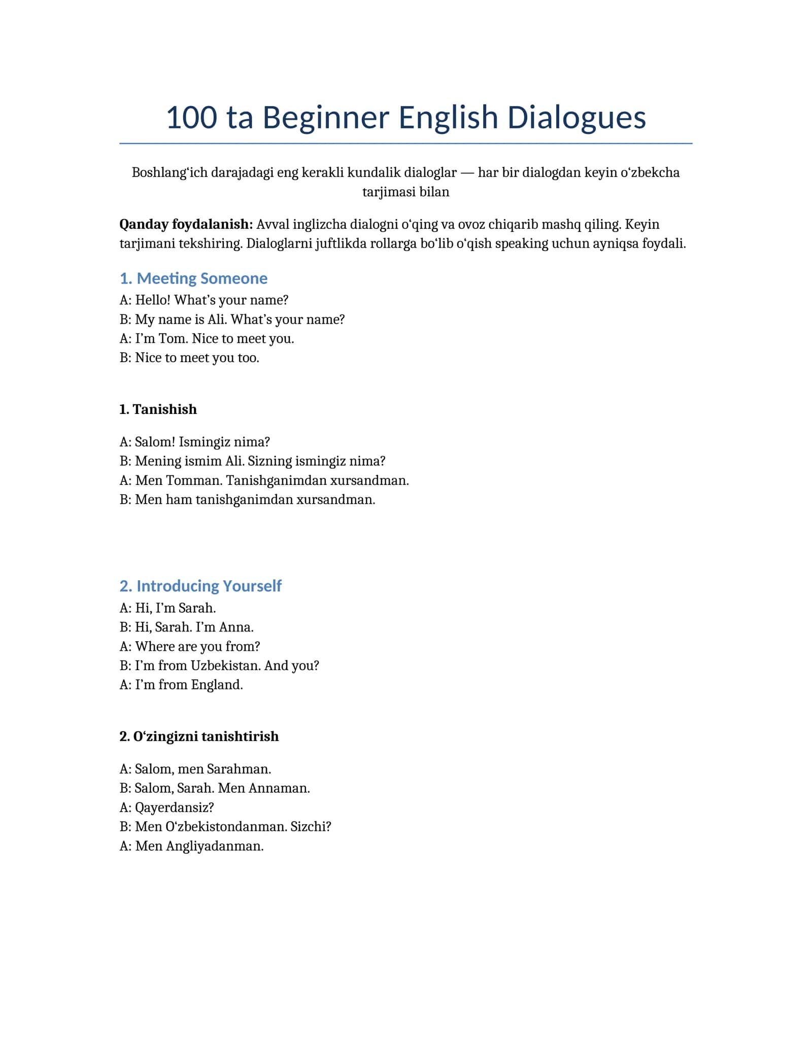 100 ta Beginner English Dialogues — Ingliz tili uchun 100 ta kundalik dialogspe