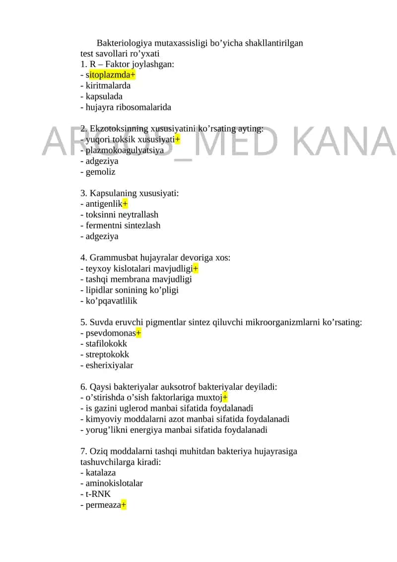 Bakteriologiya mutaxassisligi bo’yicha shakllantirilgan test savollari ro’yxati
