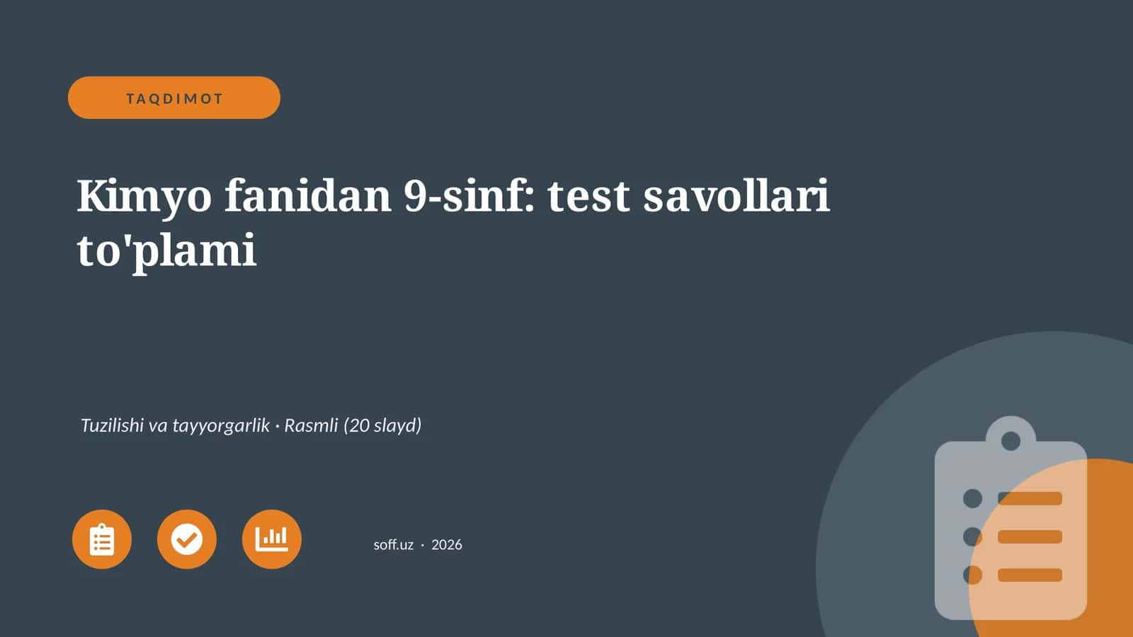 Kimyo fanidan 9-sinf: test savollari to'plami