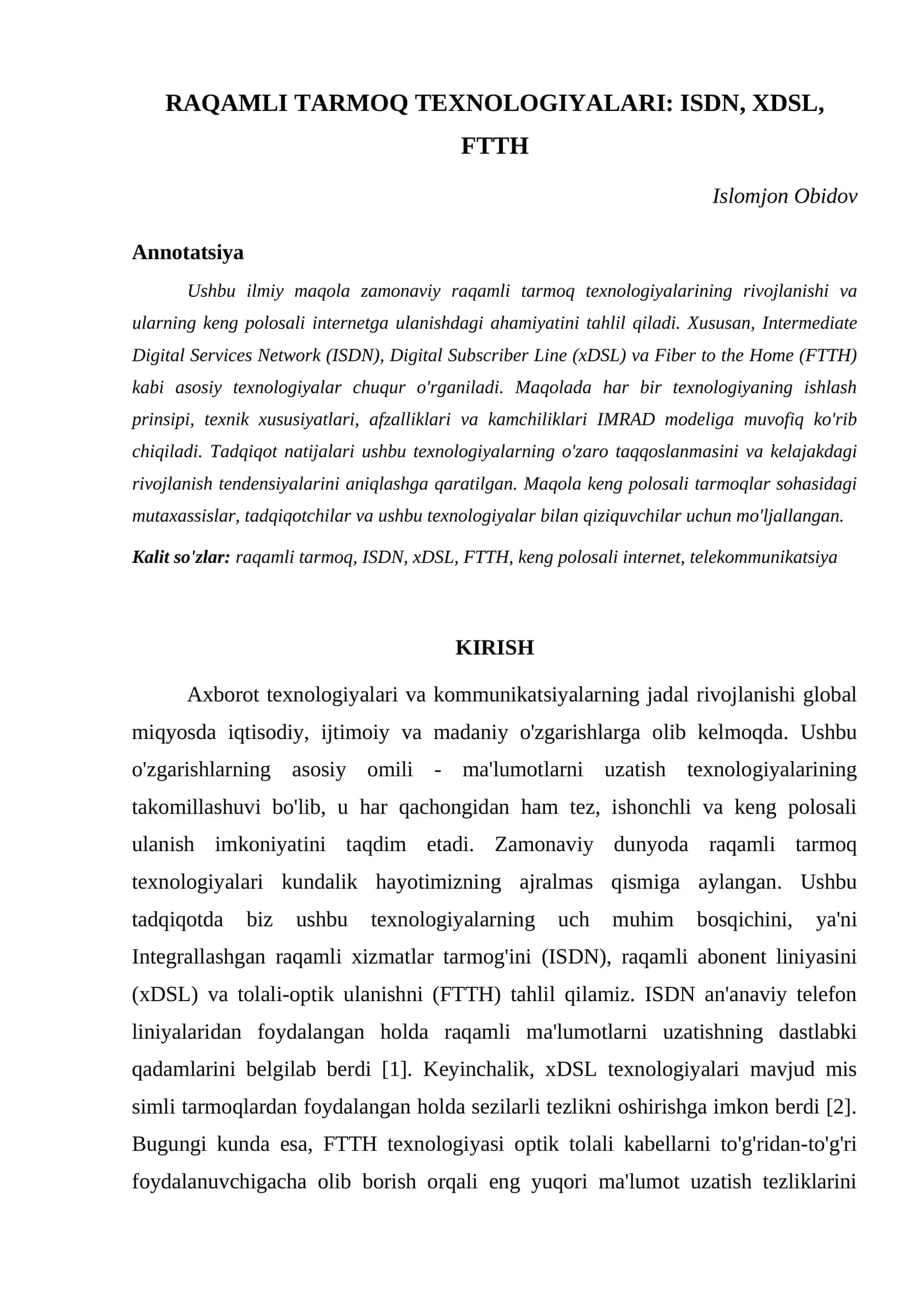 RAQAMLI TARMOQ TEXNOLOGIYALARI: ISDN, XDSL, FTTH