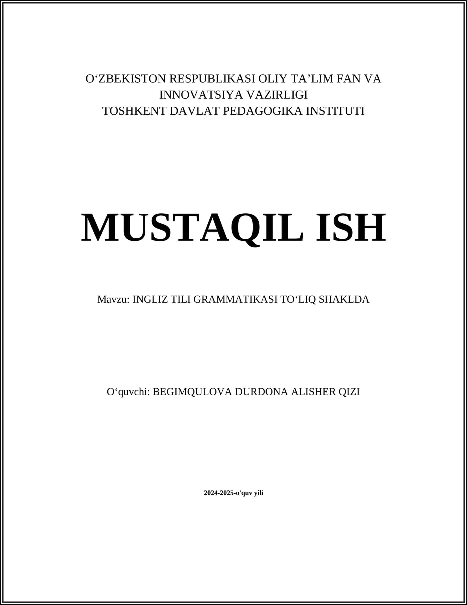 INGLIZ TILI GRAMMATIKASI TOʻLIQ SHAKLDA