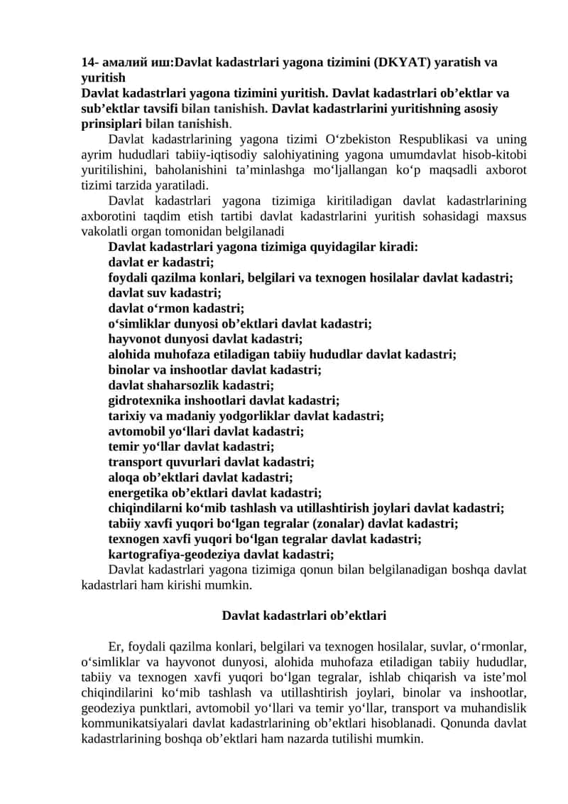 Davlat kadastrlari yagona tizimini (DKYAT) yaratish va yuritish