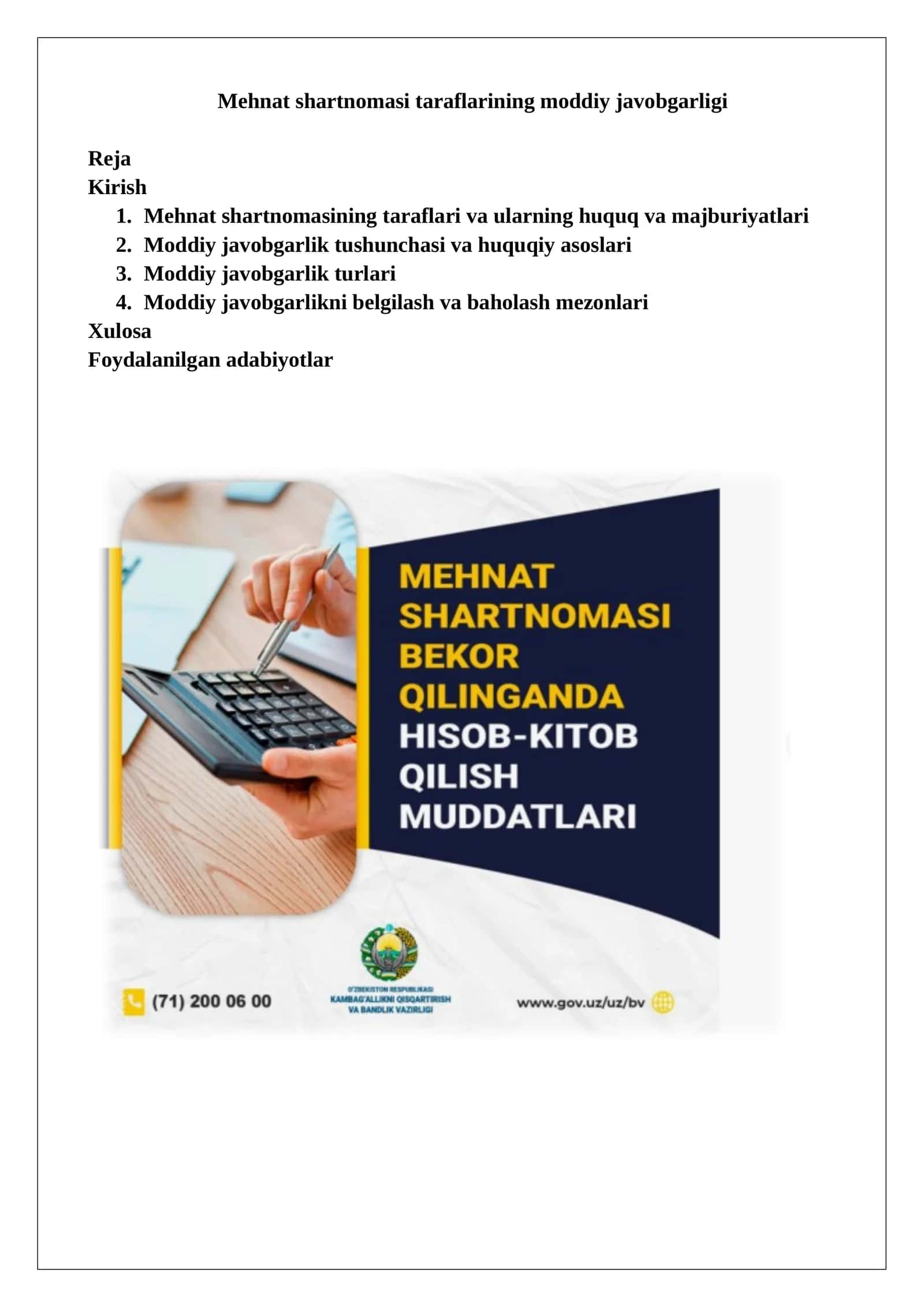 Mehnat shartnomasi taraflarining moddiy javobgarligi