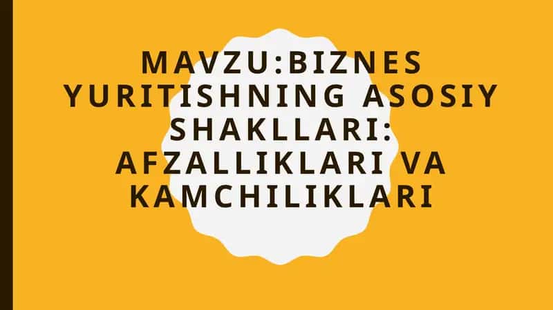 BIZNES YURITISHNING ASOSIY SHAKLLARI:AFZALLIKLARI VAKAMChILIKLARI