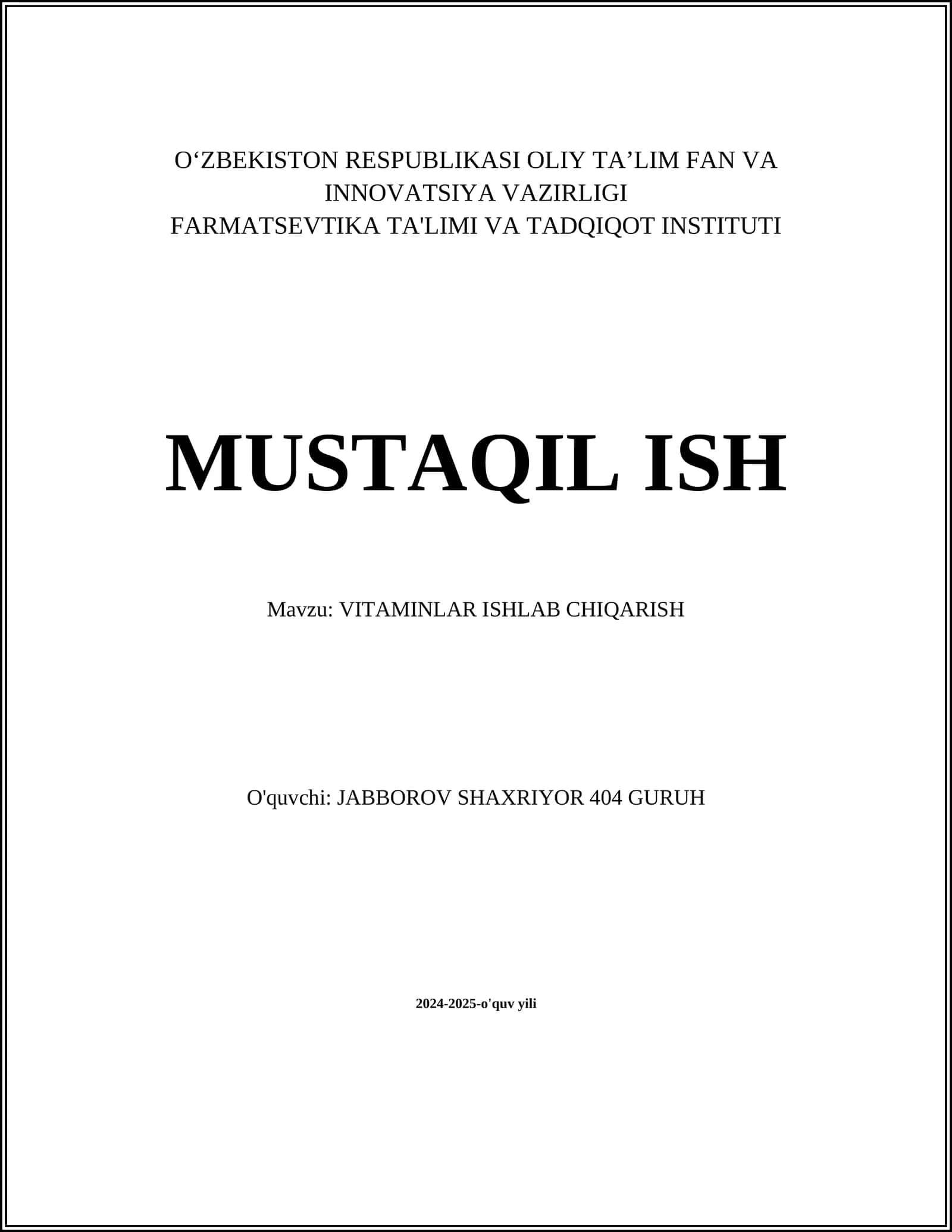 VITAMINLAR ISHLAB CHIQARISH