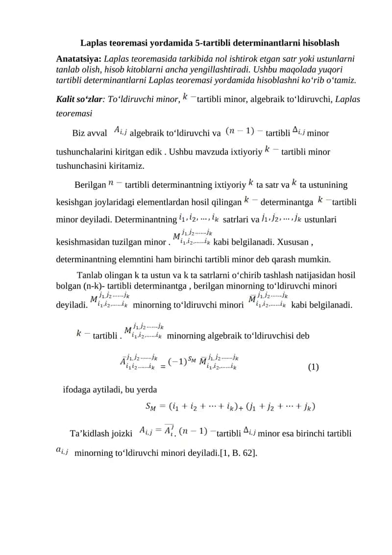 Laplas teoremasi yordamida 5-tartibli determinantlarni hisoblash
