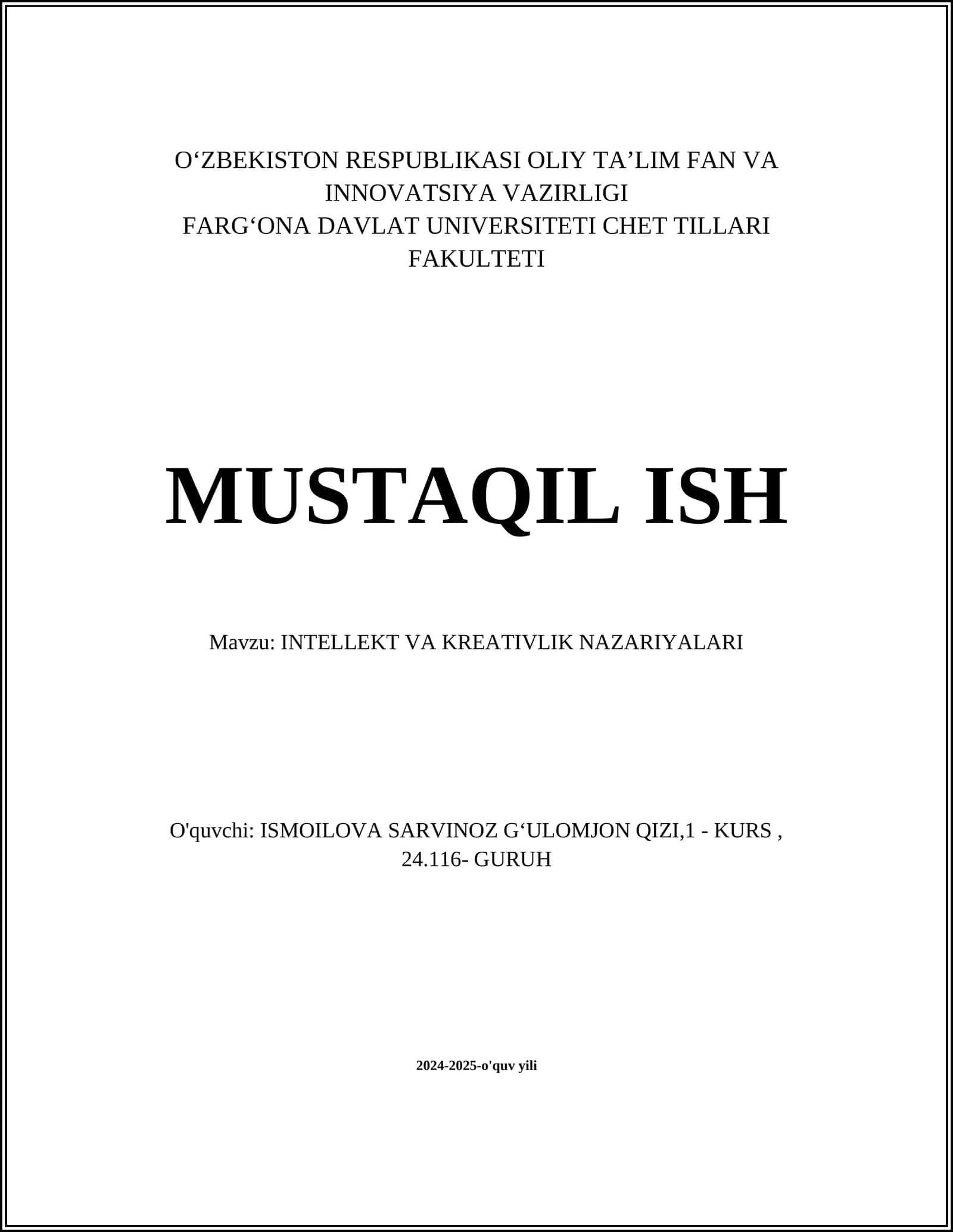 INTELLEKT VA KREATIVLIK NAZARIYALARI