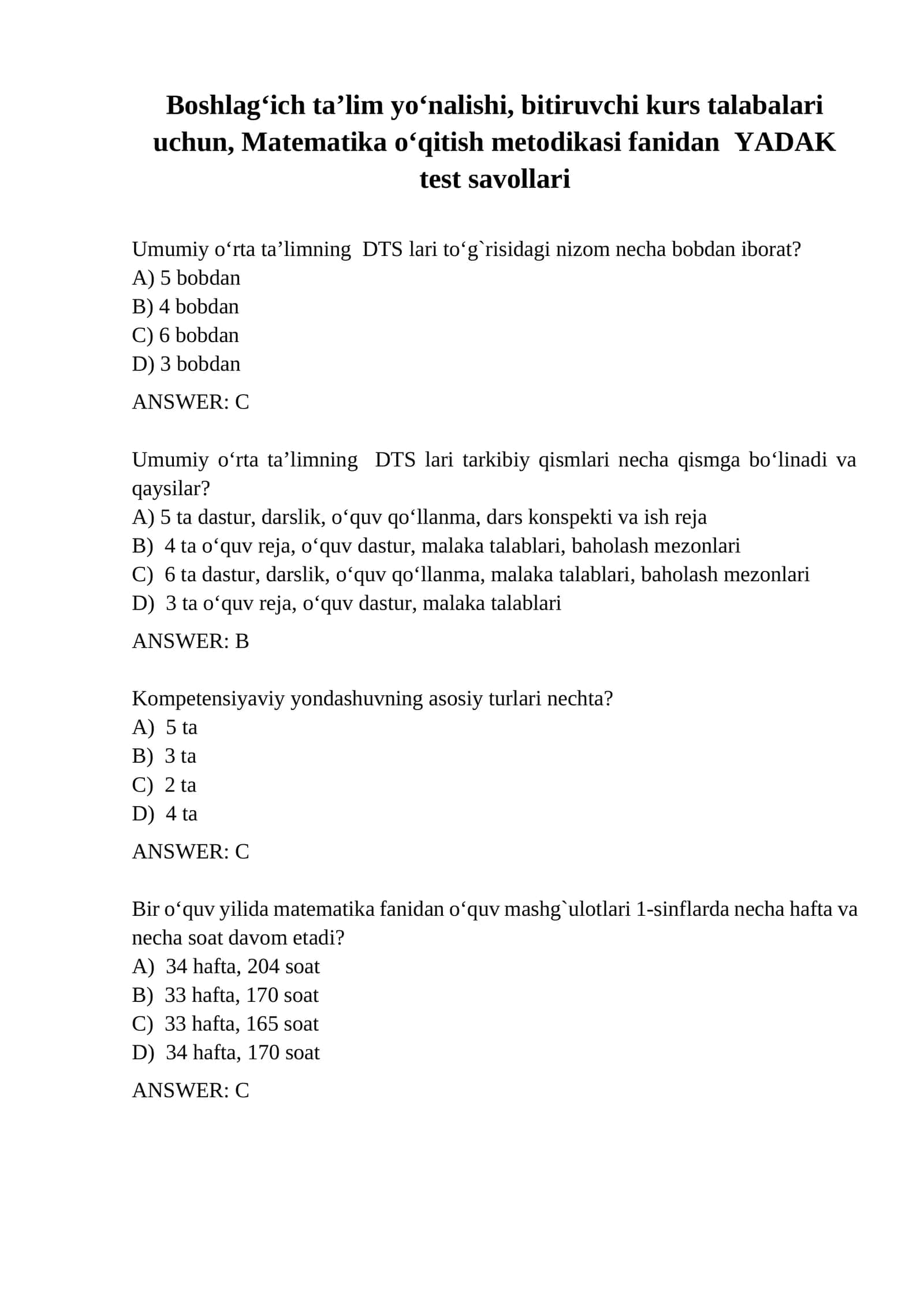 Matematika o‘qitish metodikasi fanidan YADAK test savollari