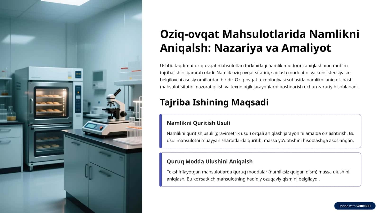 Oziq-ovqat Mahsulotlarida Namlikni Aniqalsh: Nazariya va Amaliyot