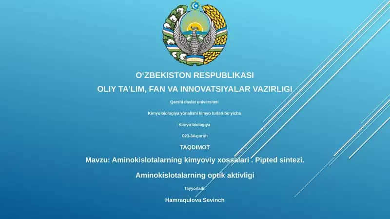 Aminokislotalarning kimyoviy xossalari. Pipted sintezi. Aminokislotalarning optik aktivligi