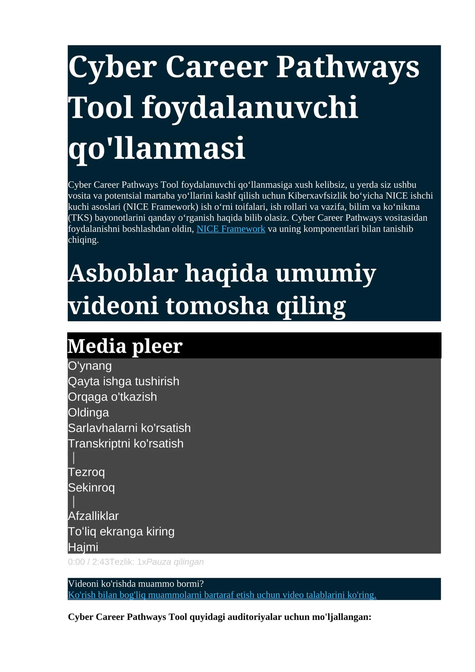 Cyber Career Pathways Tool foydalanuvchi qo'llanmasi