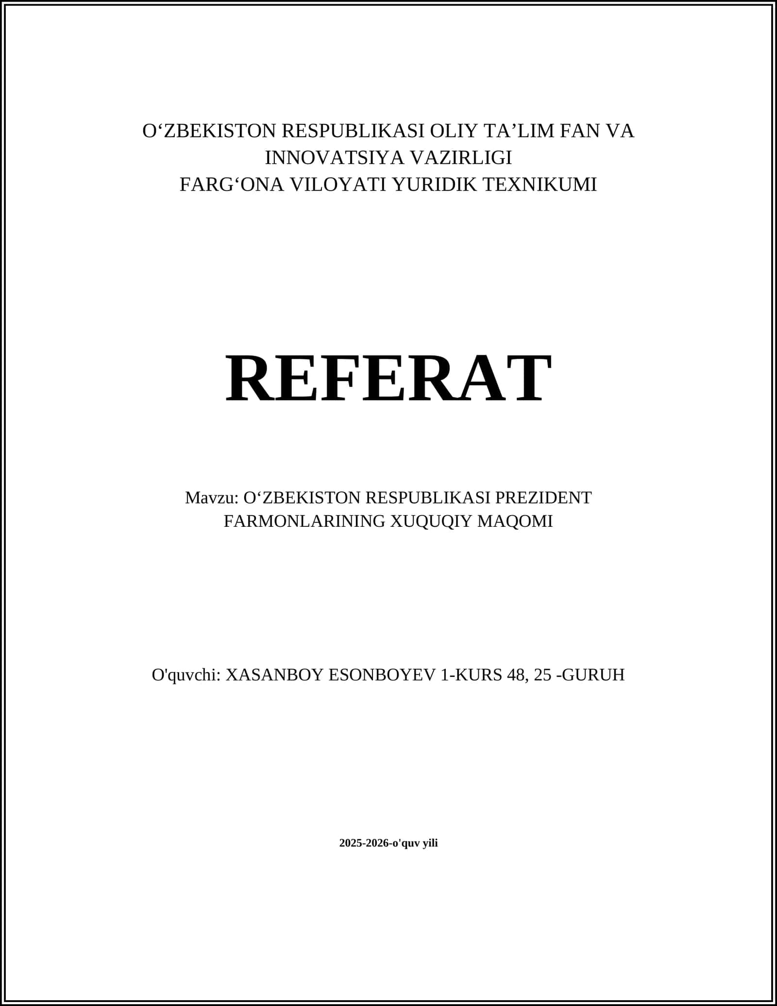 Oʻzbekiston Respublikasi Prezident farmonlarining Xuquqiy Maqomi