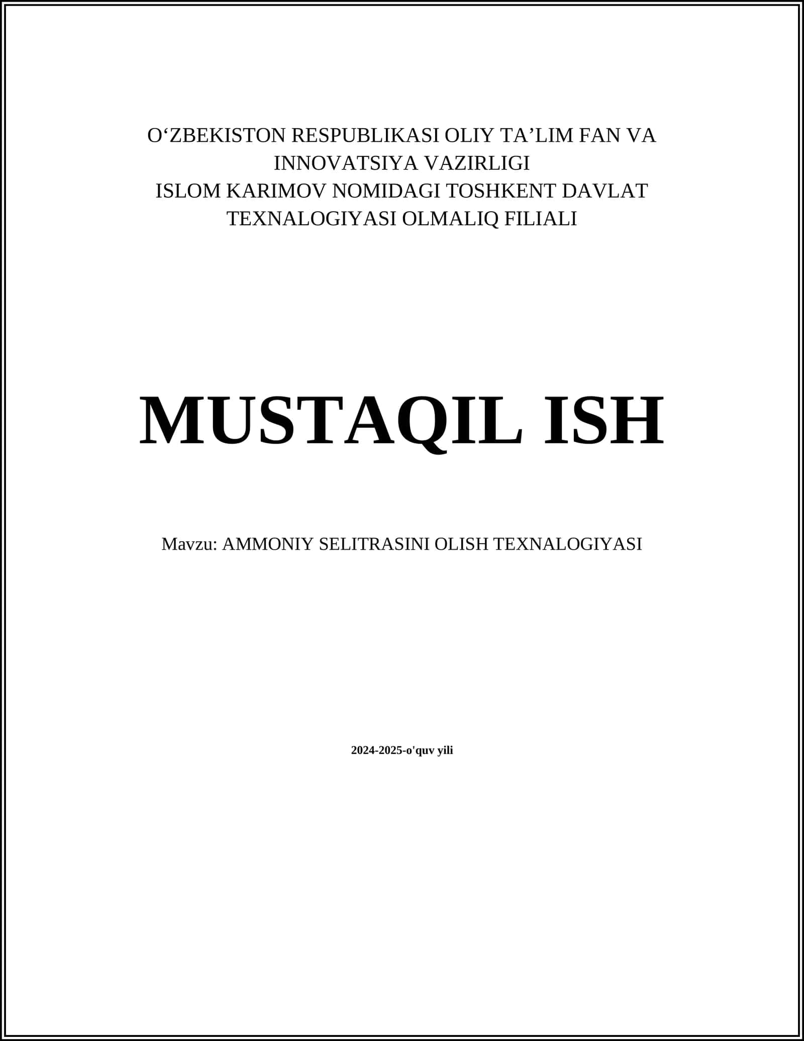 AMMONIY SELITRASINI OLISH TEXNALOGIYASI