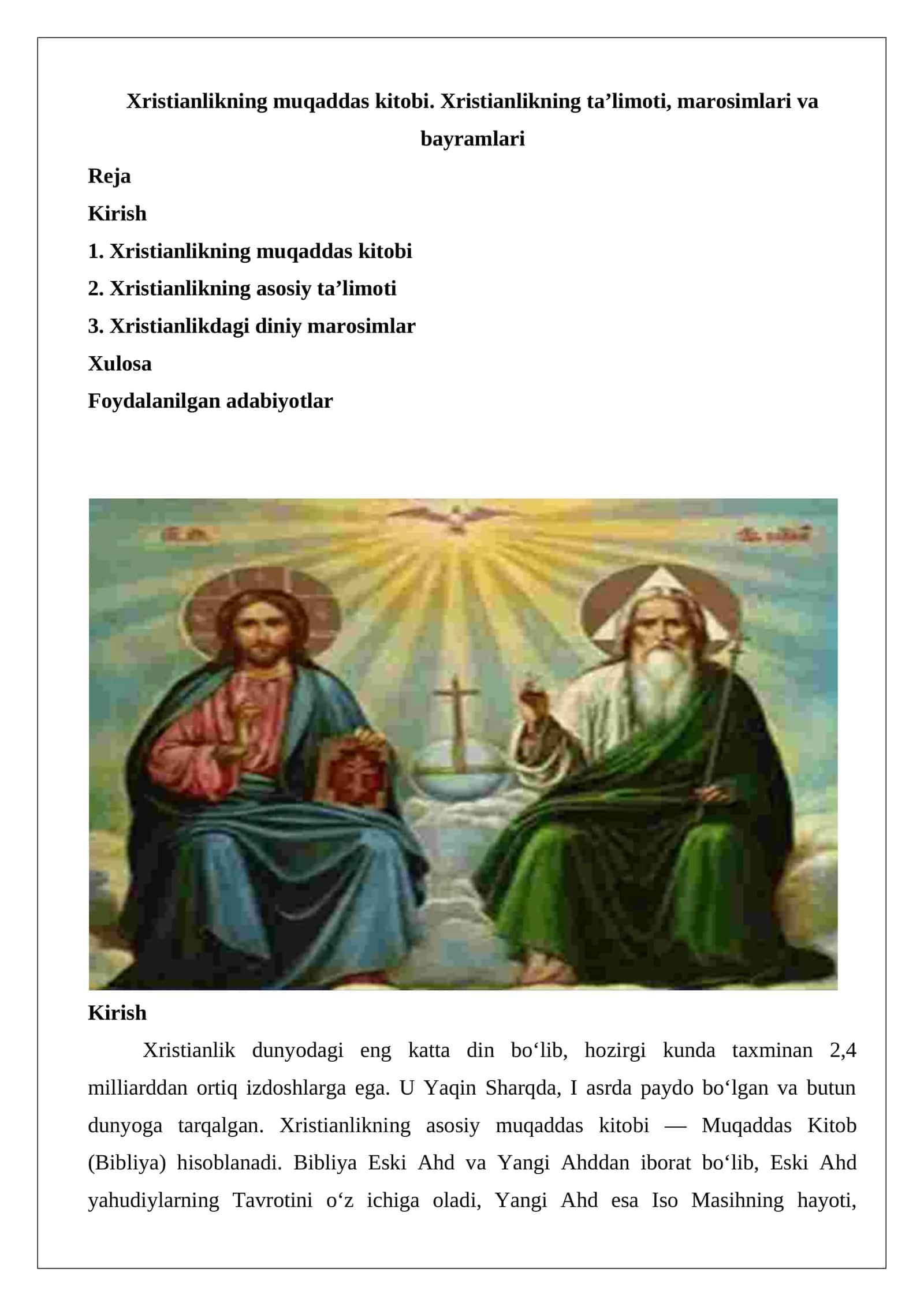 Xristianlikning muqaddas kitobi. Xristianlikning ta’limoti, marosimlari va bayramlari