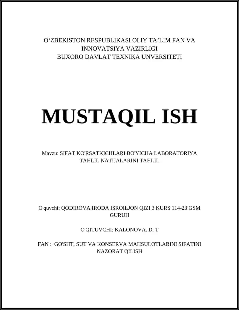 SIFAT KO'RSATKICHLARI LABORATORIYA TAHLILI