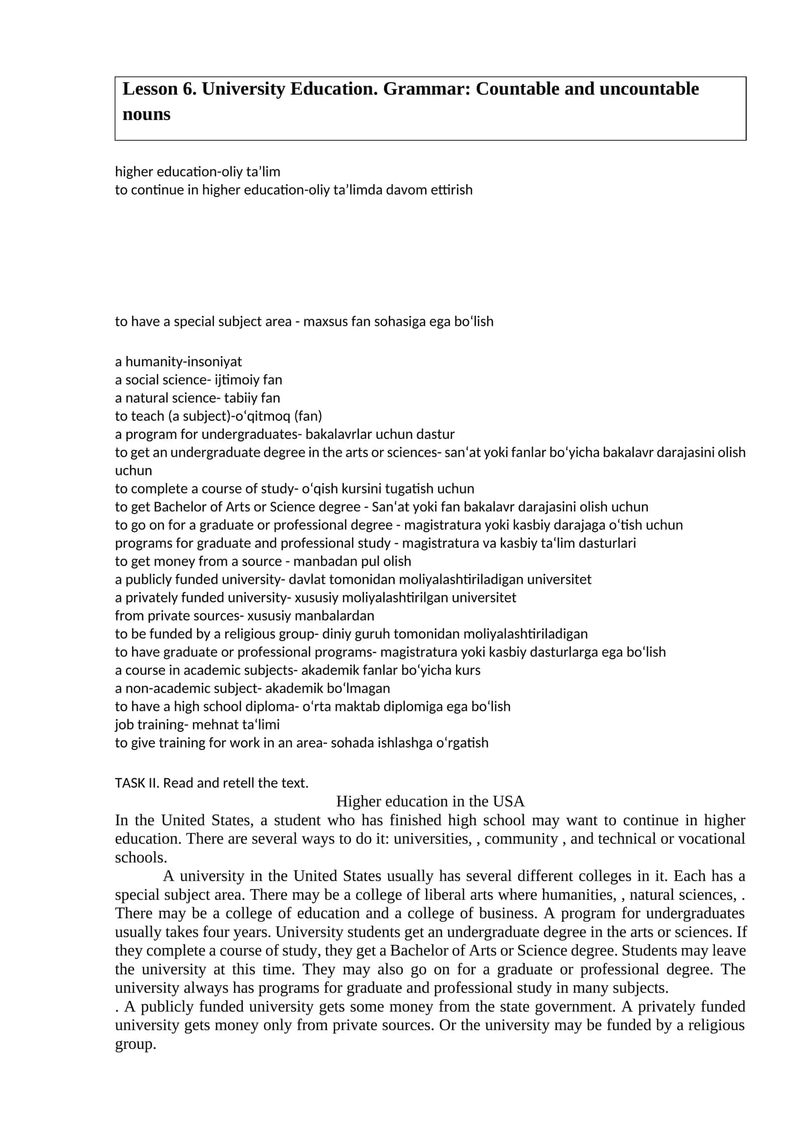 Lesson 6. University Education. Grammar: Countable and uncountable nouns