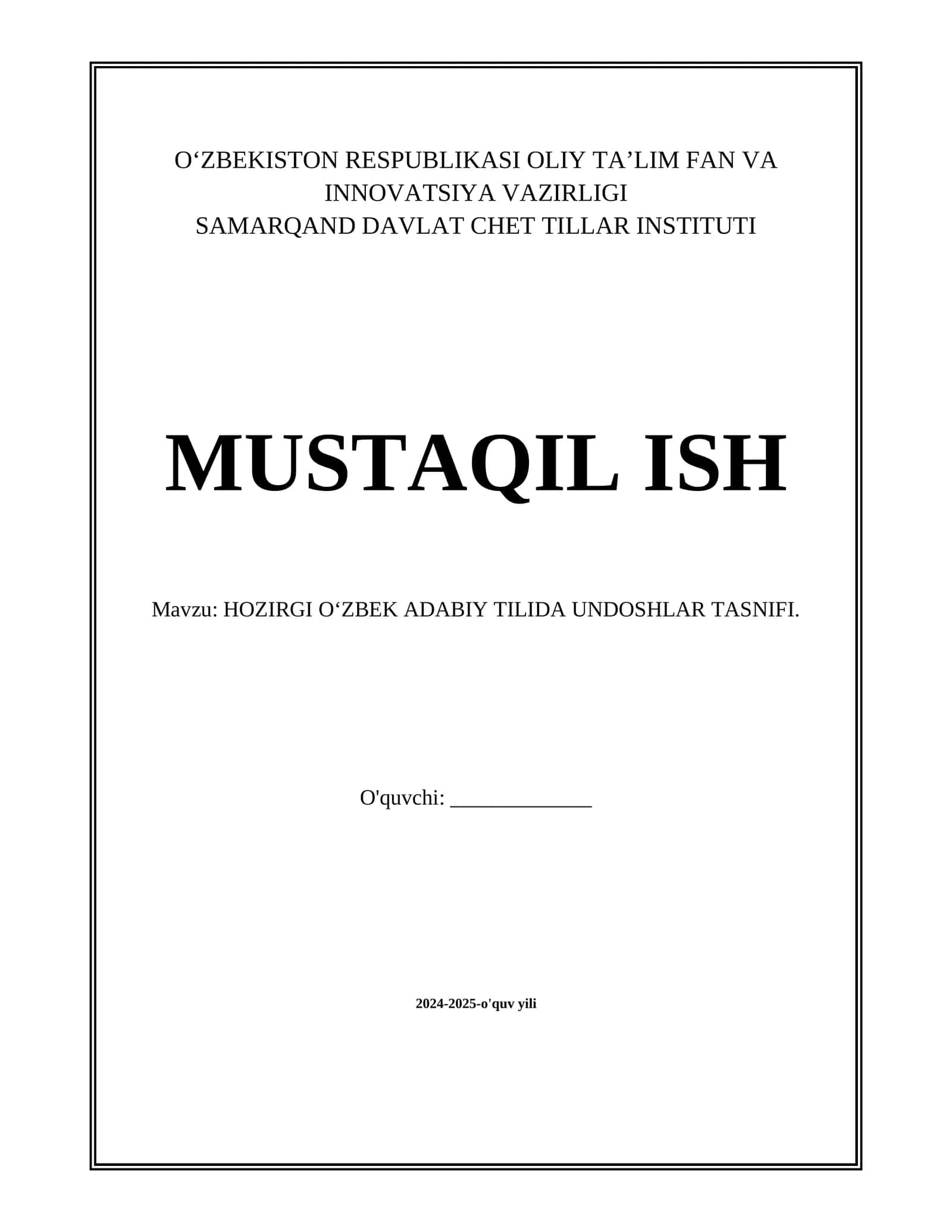 HOZIRGI O‘ZBEK ADABIY TILIDA UNDOSHLAR TASNIFI.