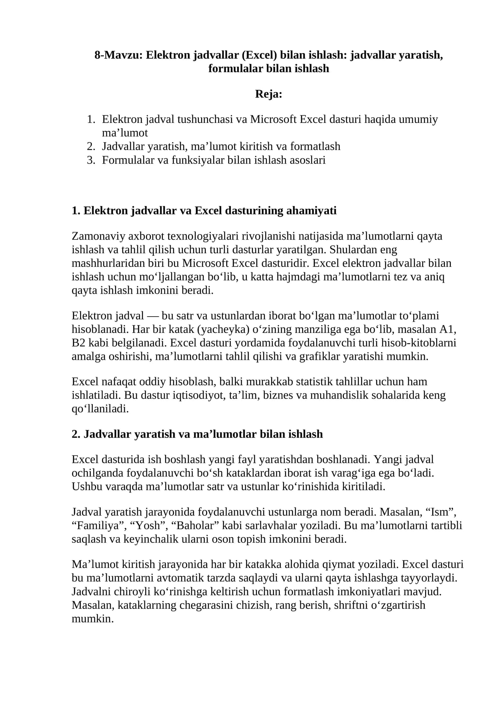 Elektron jadvallar (Excel)