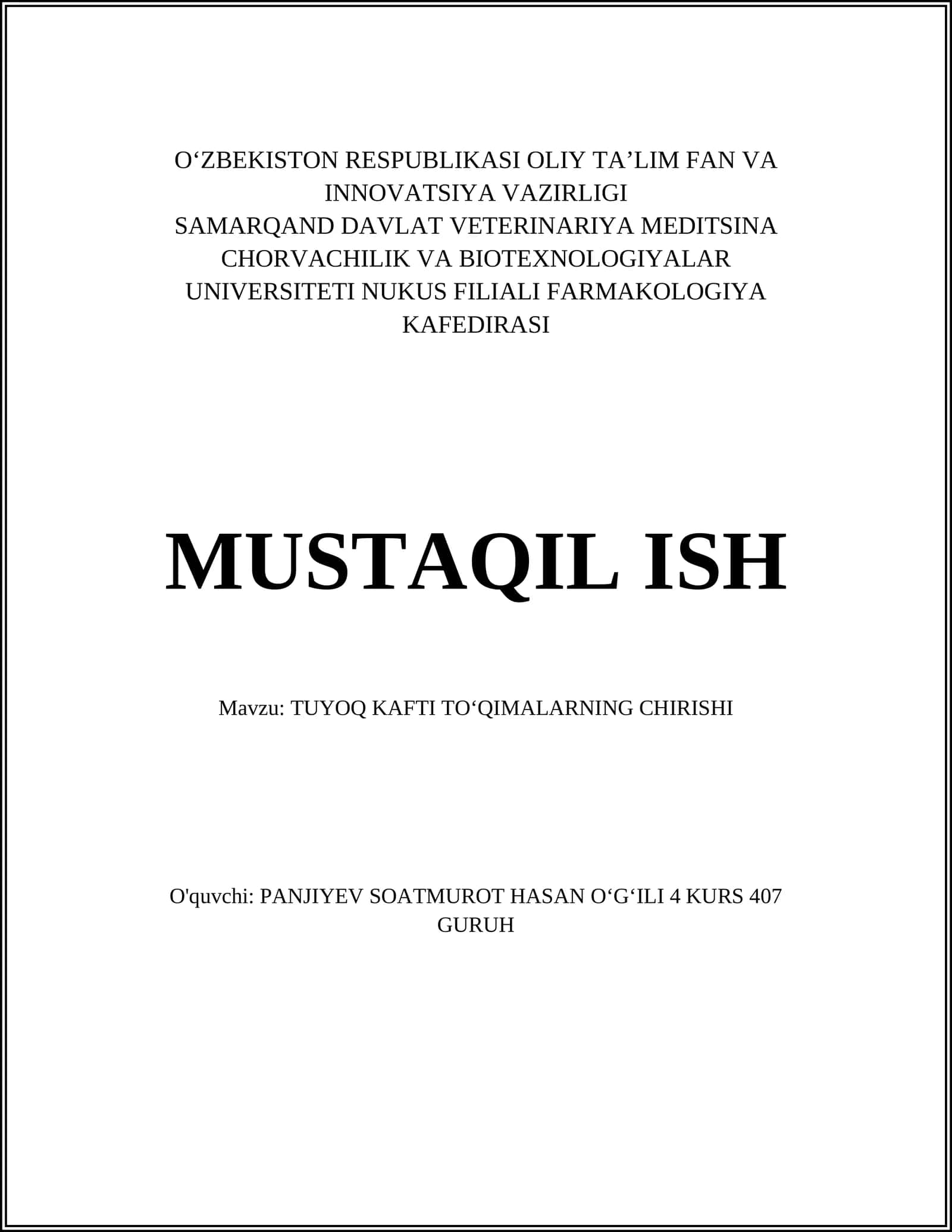 TUYOQ KAFTI TOʻQIMALARNING CHIRISHI