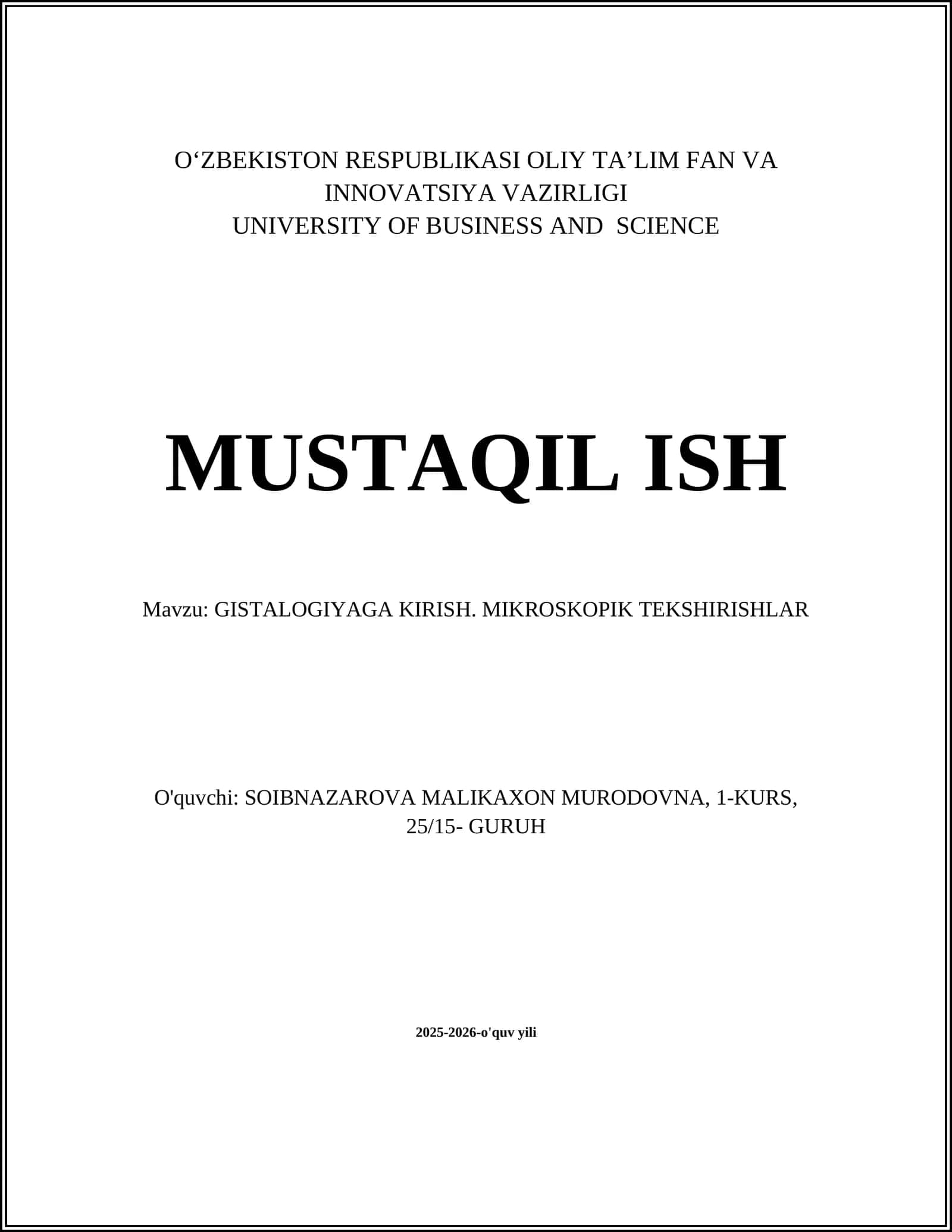 GISTALOGIYAGA KIRISH. MIKROSKOPIK TEKSHIRISHLAR