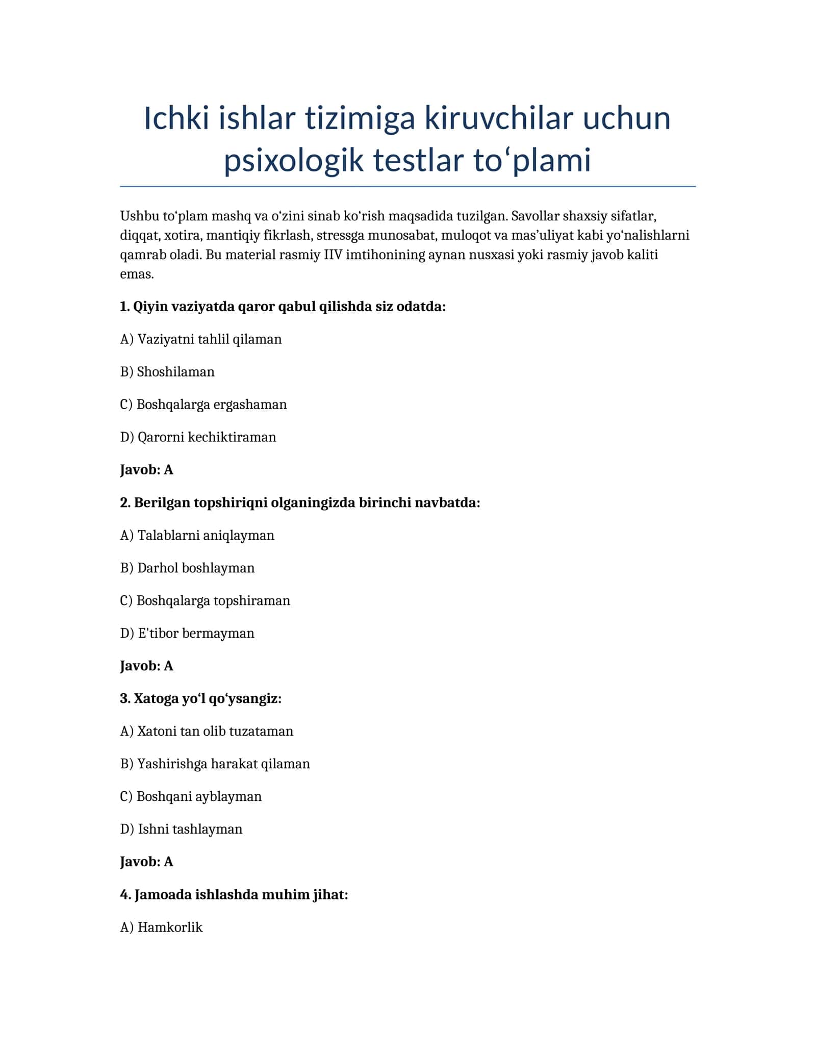 Ichki ishlar tizimiga kiruvchilar uchun psixologik testlar to'plami