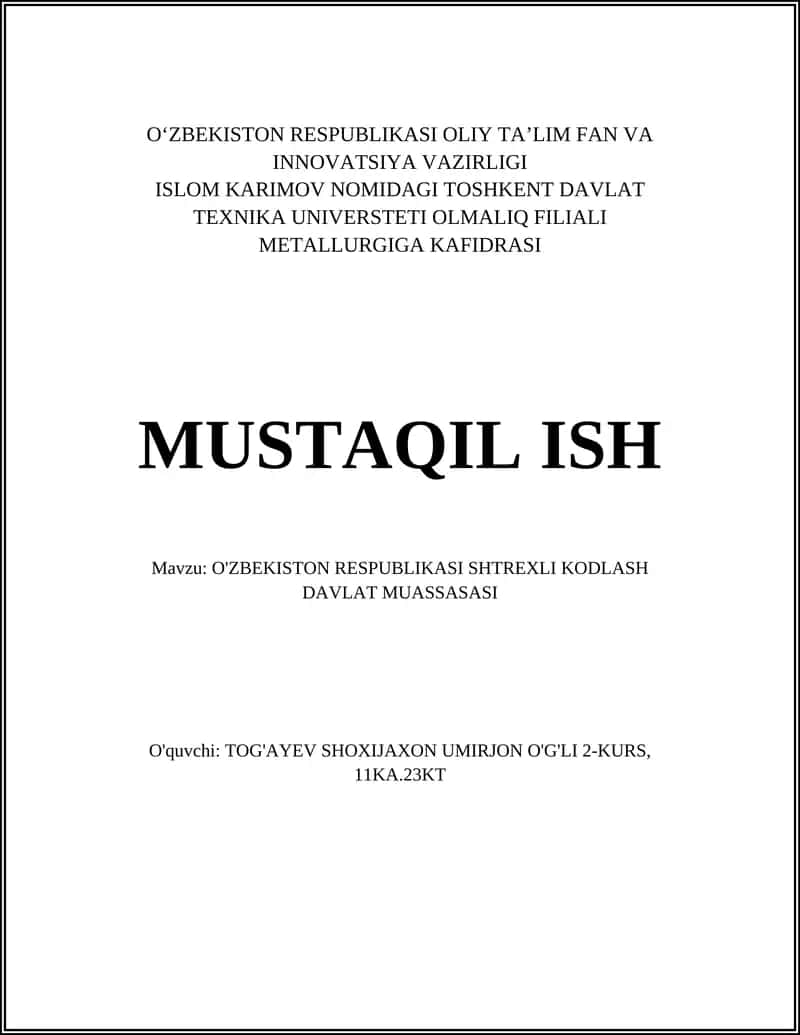O'ZBEKISTON RESPUBLIKASI SHTREXLI KODLASH DAVLAT MUASSASASI