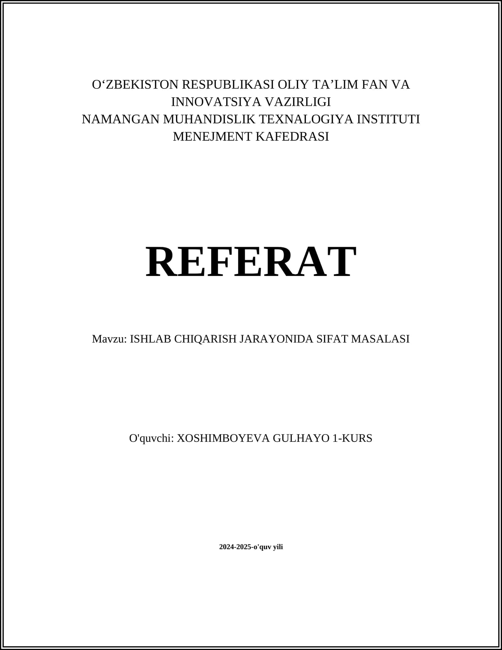 ISHLAB CHIQARISH JARAYONIDA SIFAT MASALASI